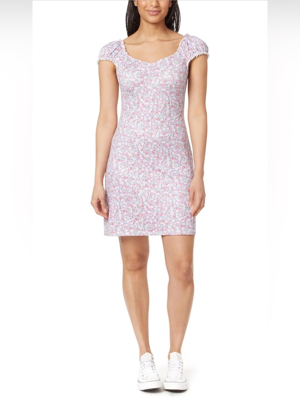 A     Wallflower Pink Floral Short Puff Sleeve Mini MEDIUM Dress NWT